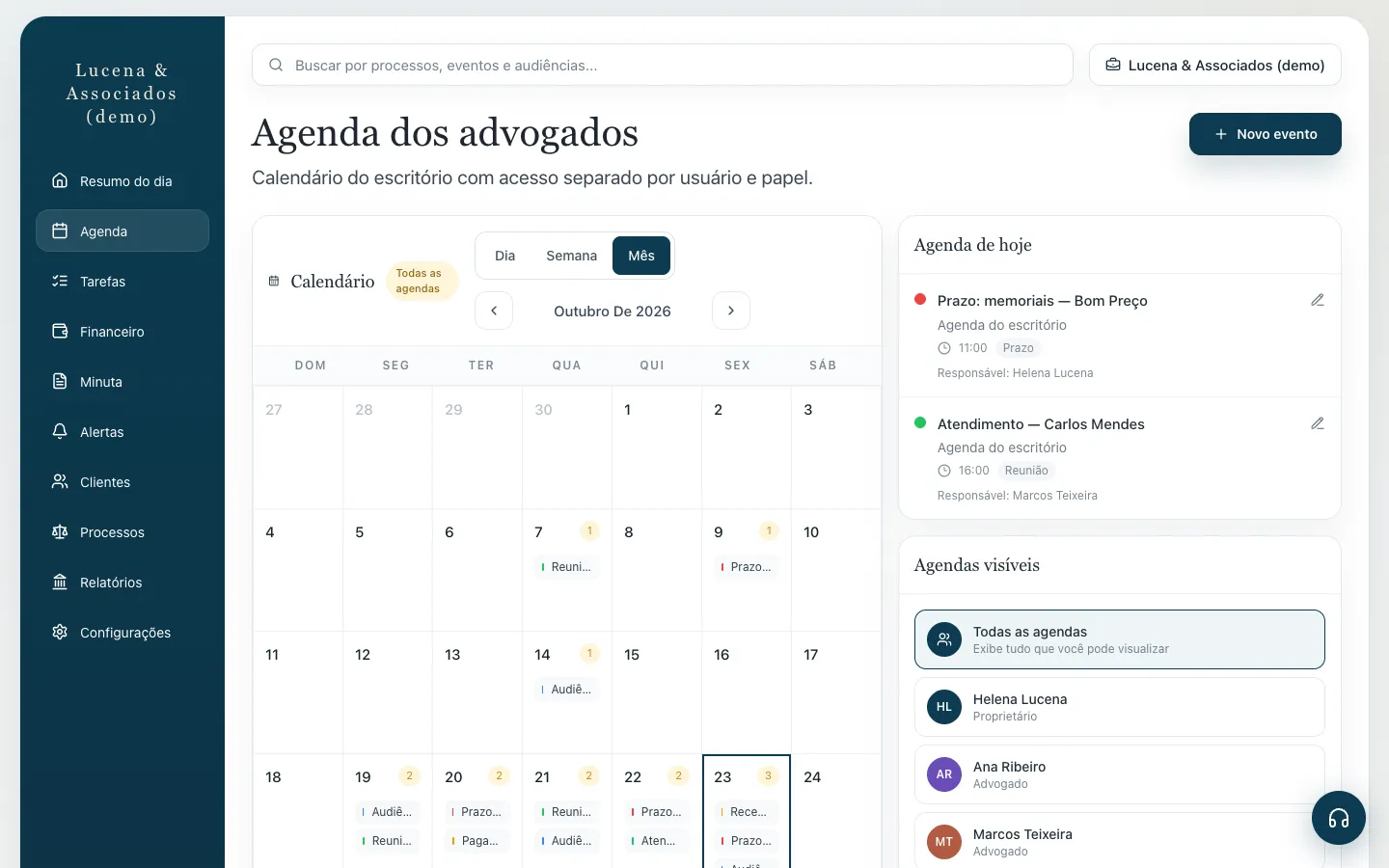 Agenda mensal do Advexa com audiências, prazos e reuniões dos advogados do escritório.