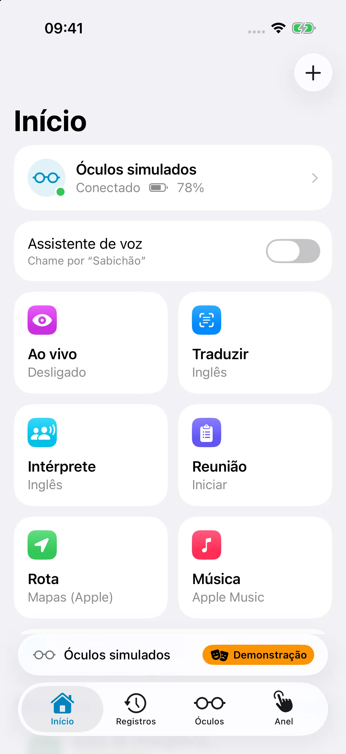 Tela inicial do Glasses Companion no iPhone, com os óculos conectados, o assistente de voz e os atalhos de tradução, intérprete e reunião.
