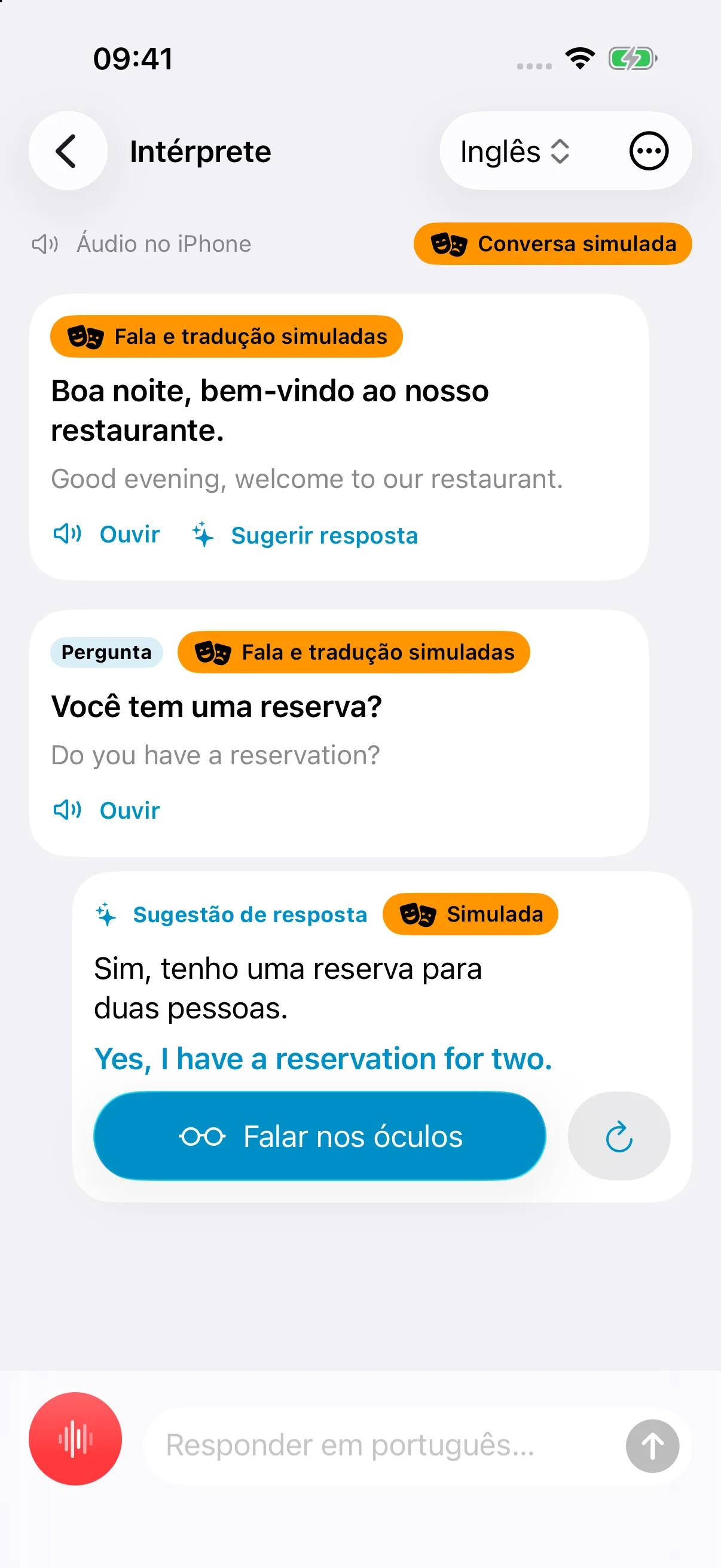 Intérprete do Glasses Companion numa conversa simulada em inglês, com tradução e sugestão de resposta para falar nos óculos.