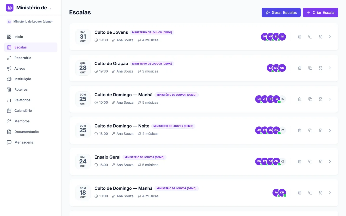 Lista de escalas da semana no Levita com data, horário, líder, número de músicas e os avatares da equipe de cada culto e ensaio.