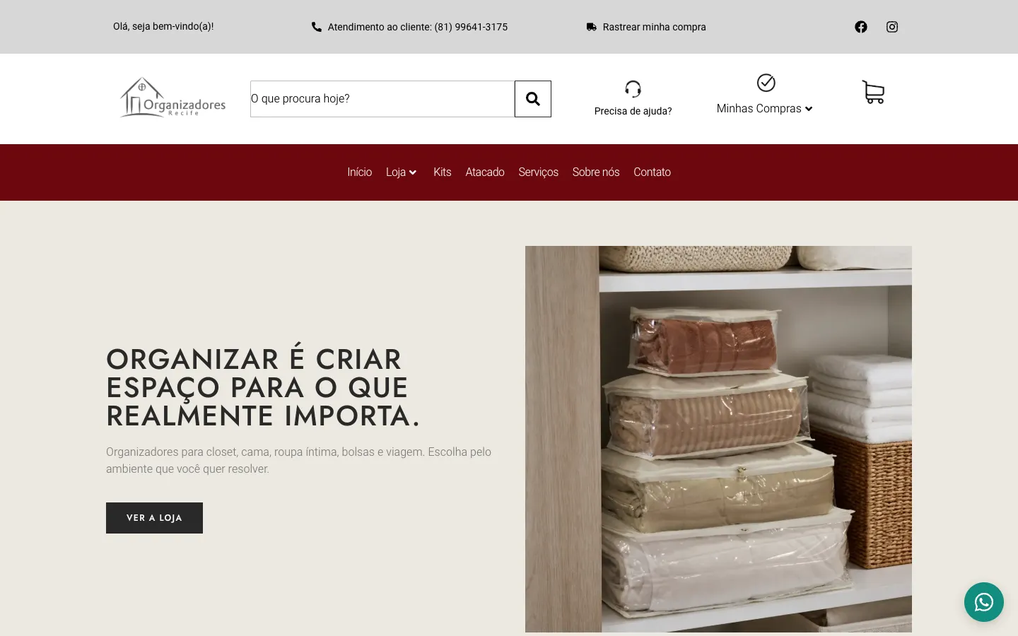 Home da Organizadores Recife depois do redesign, com a frase da marca e uma foto de capas organizadoras na prateleira.