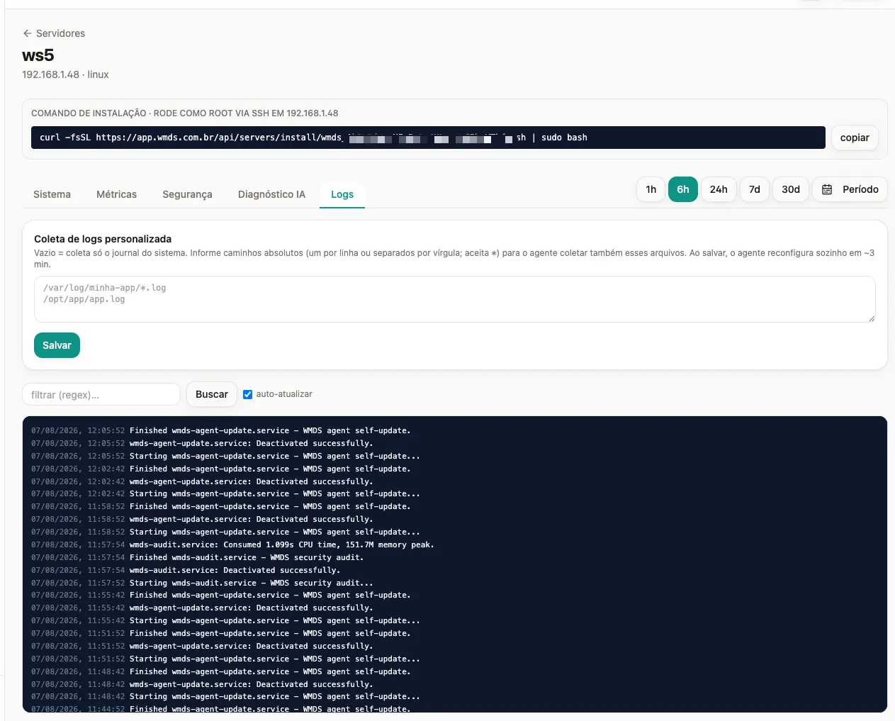 Aba de logs de um servidor no WMDS, com filtro por período e coleta de logs personalizada.