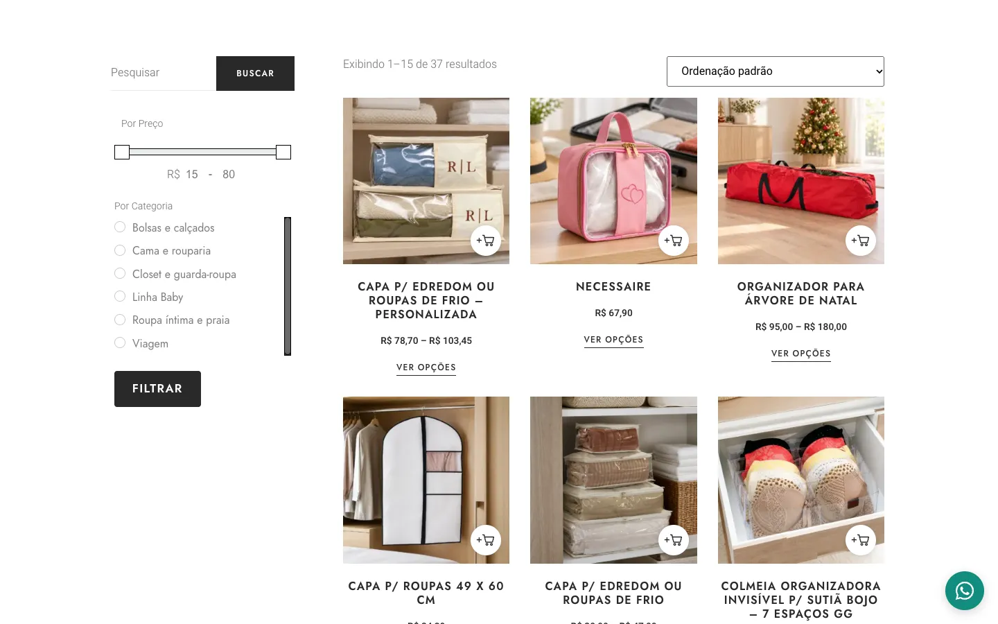 Loja com filtros por preço e por categoria e a grade de produtos com compra direta.