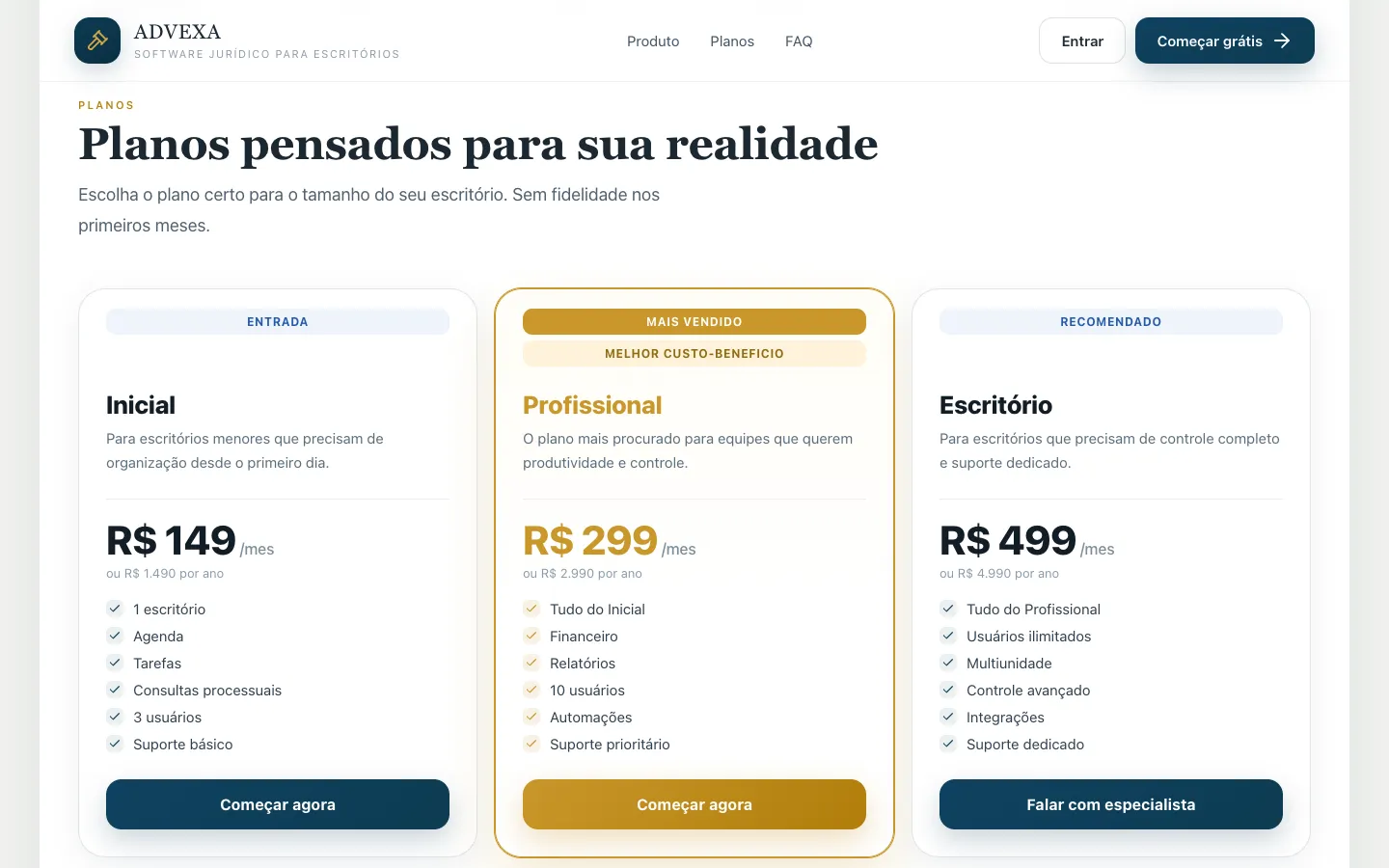 Página de planos do site comercial do Advexa com as opções Inicial, Profissional e Escritório.