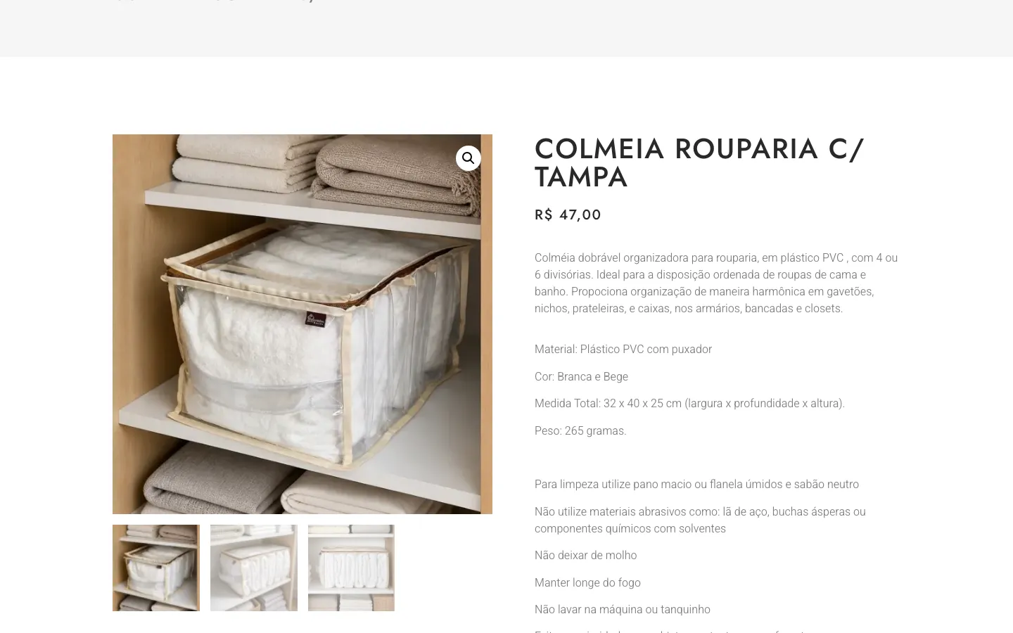 Página de produto antes do redesign, com a descrição repetida e os cuidados de limpeza no lugar da ficha técnica.