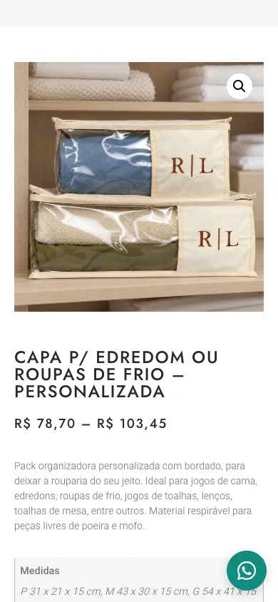 Página de produto no celular, com a foto, o preço e a ficha técnica.