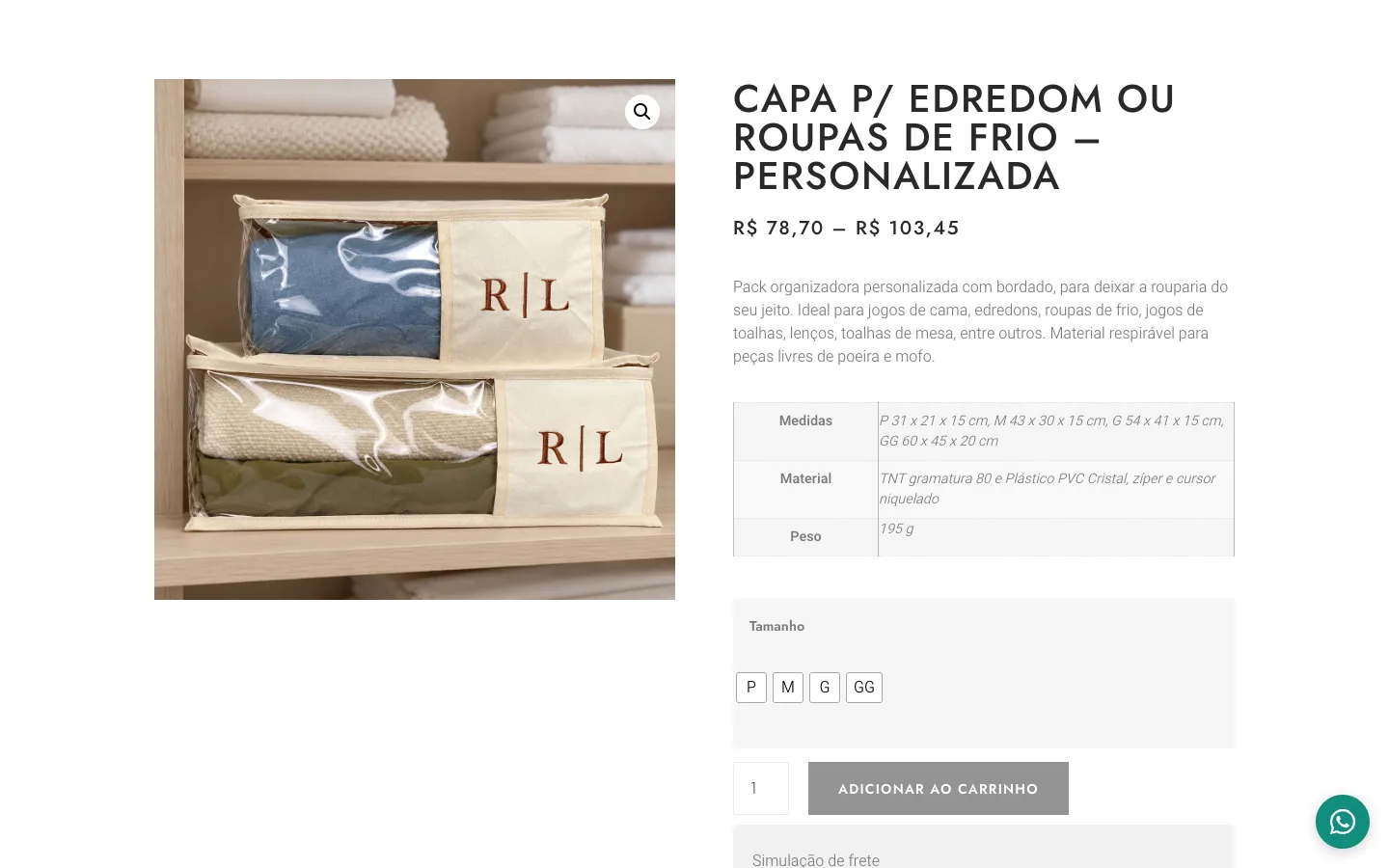 Página de produto depois do redesign, com descrição curta, tabela de medidas, material e peso, e tamanhos para escolher.